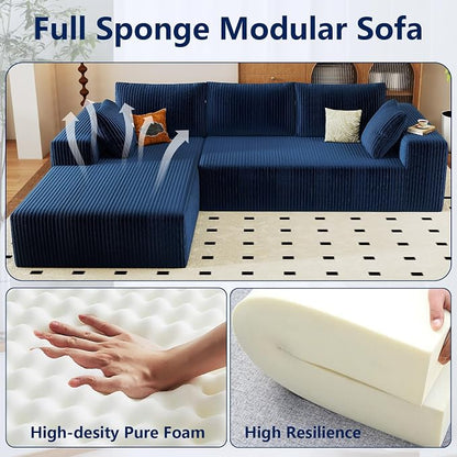96" Modular Sectional Sofa, Modern Corduroy Cloud Couch with Deep Seat, Boneless Couch Upholstered 3-Seater L-Shaped Sofa for Living Room, No Assembly Required (Blue, Left-Facing Chaise)