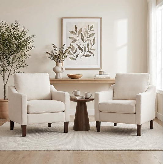 VKNOW Mid-Century Accent Chairs Set of 2, No Tools Assembly Required, Modern Upholstered Polyester Armchairs for Living Room & Bedroom, Comfortable Reading Chairs with Wood Legs, Beige