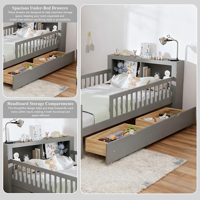 Bellemave Kids Twin Bed Frame with Fences, 2 Drawers & Storage Headboard, Twin Size Platform Bed with 3-Side Guardrails for Kids, Girls & Boys, Gray