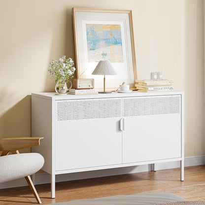 White Metal Storage Cabinet with 2 Magnetic Doors and Shelves, 2-Tier Low Metal Locker Accent Storage Cabinet with Vent Hole & Legs, TV Stand for Home Office, Entryway & Living Room