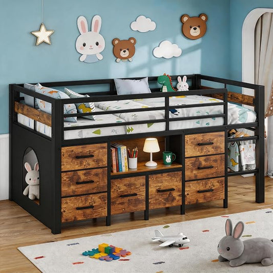 Einhomn Twin Low Loft Bed with 8 Drawers, Bookshelf, Heavy Duty Metal Kids Loft Bed with 13 Inch Safety Guardrail, Play Curtain, Under-Bed Play Area - Rustic Brown