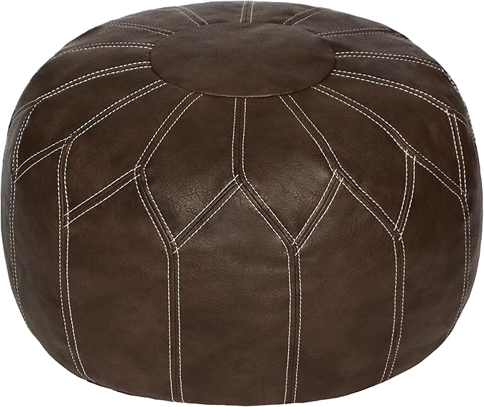 Thgonwid Unstuffed Moroccan Faux Leather Pouf Ottoman Cover with Storage - Boho Chic Multi-Use Footrest for Living Room, Bedroom, Patio - Round Ethnic Floor Cushion & Decorative Accent, Deep Coffee