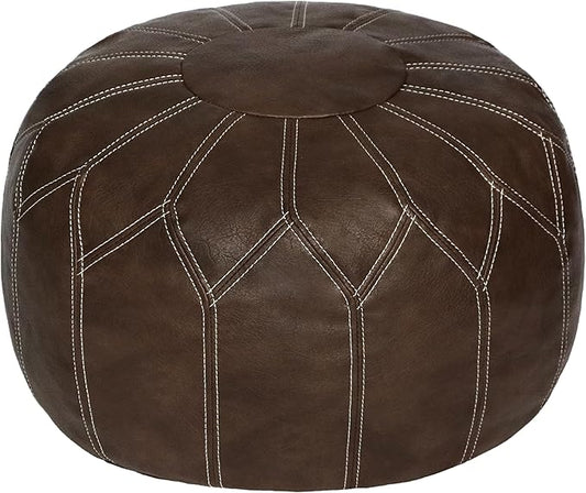 Thgonwid Unstuffed Moroccan Faux Leather Pouf Ottoman Cover with Storage - Boho Chic Multi-Use Footrest for Living Room, Bedroom, Patio - Round Ethnic Floor Cushion & Decorative Accent, Deep Coffee