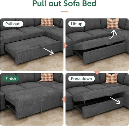 HONBAY Modular Sectional Couch with Pull Out Bed, Corduroy Sleeper Sofa with Storage Ottoman, U Shaped Sectional Couches for Living Room, Dark Grey