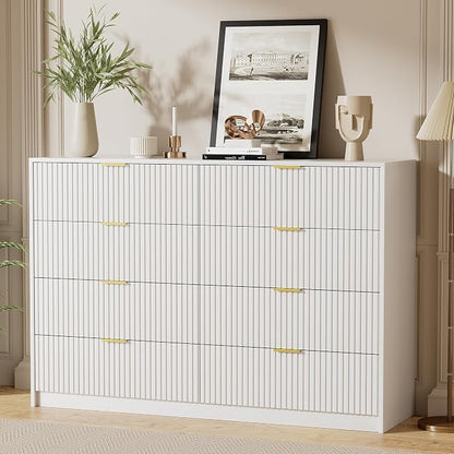 Furniway White Dresser Bedroom Set 3 Pieces, Nightstands Sets of 2, 8 Drawer Dresser with Gold Handles for Bedroom