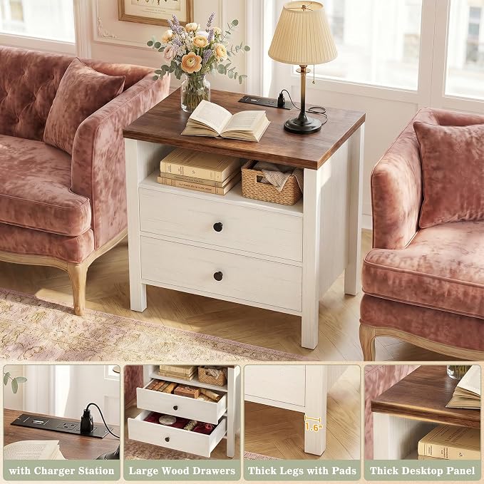 Aheaplus Nightstand with Charging Station, 23.6'' Large Bed Side Table with Wooden 2 Drawers, Night Stand for Bedroom, End Table with Open Storage Shelf for Living Room, White & Brown