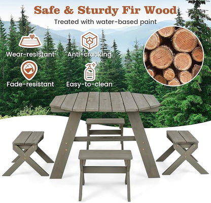 Costzon Kids Picnic Table, Fir Wood Octagon Kids Table and Chair Set with Removable Umbrella, Toddler Activity Table for Backyard, Garden, Patio, Kids Outdoor Furniture for Boys Girls (Grey)