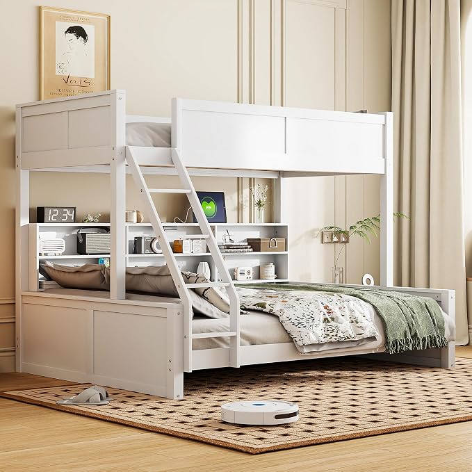 Wood Bunk Bed Twin XL Over Queen Size with Built-in Storage Cabinets and USB Ports, Versatile Bunk Bed Frame with Ladder and Guardrail for Kids Teens Adult, Maximize Space (White-T-Q)