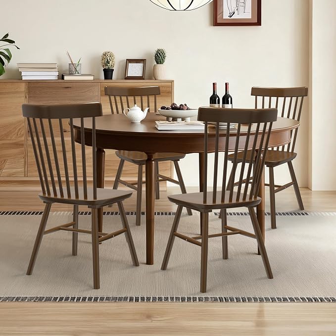 AreShark Windsor Dining Chairs, Farmhouse Wooden Dining Room Chairs, Solid Wood Kitchen Chairs with Spindle Back Set of 6, Walnut