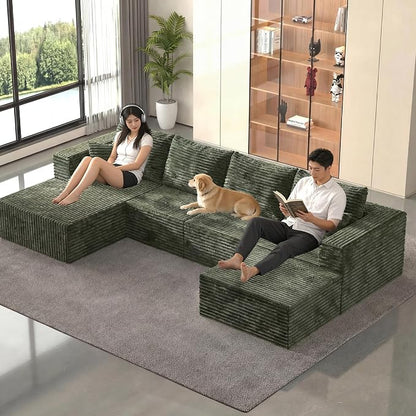 138" Modern Modular Sectional Sofa, U-Shaped Cloud Couch, Soft Corduroy Boneless Couch with 3060 High Rebound Memory Foam, Sectional Couches for Living Room-Green(Left Facing Chaise)