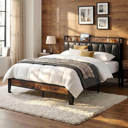 LIKIMIO Queen Bed Frame, Storage Headboard with Charging Station, Solid and Stable, Noise Free, No Box Spring Needed, Easy Assembly (Vintage and Black)