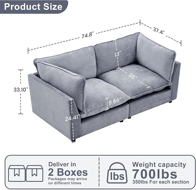 Iroomy Modular Sectional Sofa, Oversized Chenille Cloud Couch, Deep Comfy Seat, 2-Seater Sofas Couches for Living Room, Dusty Blue