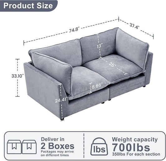 Iroomy Modular Sectional Sofa, Oversized Chenille Cloud Couch, Deep Comfy Seat, 2-Seater Sofas Couches for Living Room, Dusty Blue