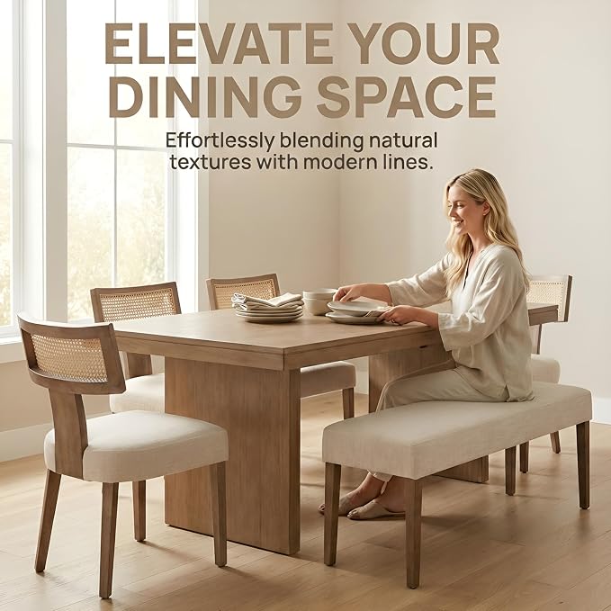 HNY Mid Century Modern Rattan Dining Chairs Set of 4, Linen Upholstered Kitchen & Dining Room Chairs with Ergonomic Curved Back, Solid Wood Frame, Farmhouse Accent Chairs for Home, Apartment, Beige
