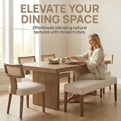 HNY Mid Century Modern Rattan Dining Chairs Set of 4, Linen Upholstered Kitchen & Dining Room Chairs with Ergonomic Curved Back, Solid Wood Frame, Farmhouse Accent Chairs for Home, Apartment, Beige