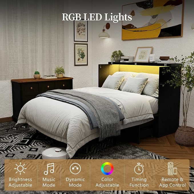 Ihanherry Full Murphy Bed with Storage Drawer, Farmhouse Cabinet Bed with LED Lights & Charging Station, Space Saving Wall Bed for Small Bedroom/Home Office, Noise Free & Easy Assembly, Rustic Black