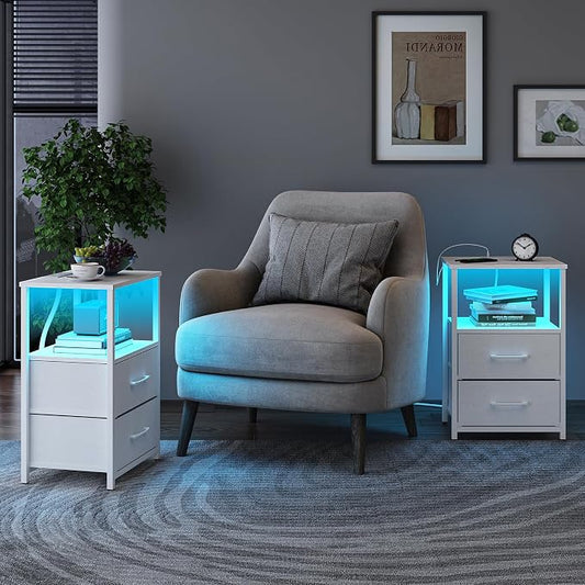 TUTOTAK LED End Table with Charging Station, Nightstand with Cloth Drawer, Side Table with 1 USB Port and 1 Type-C Port, Set of 2, Couch Table, White TB01BW052L