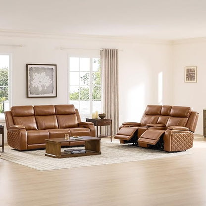 Watson & Whitely Genuine Leather Power Recliner Sofa with Console, 3 Seater Zero Gravity Reclining Sofa with Power Headrest & Flip Middle Backrest Table, Cup Holders for Living Room, Saddle Brown