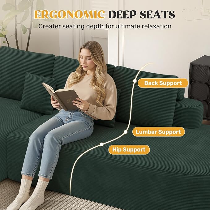 112" Modern Curved Cloud Couch, Boneless Couches for Living Room with Deep Seat, Memory Foam Compressed Modular Sectional Sofa, No Assembly Required,Green 1 PCS