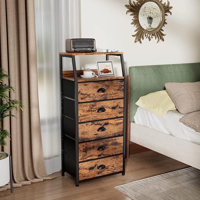 Furnulem Dresser for Bedroom, 5 Drawers Tall Nightstand, Chest of Drawers | Rustic Brown Dresser for Closet, Bedside Table with Fabric Drawer, Metal Frame, Wood Top, Easy Assembly for Dorm, Living Room