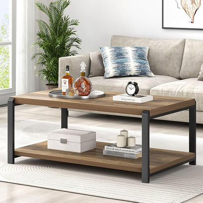 EXCEFUR Modern Coffee Table, Rustic Wood and Metal Center Table for Living Room, Industrial Rectangle Cocktail Tea Table with Storage, Oak