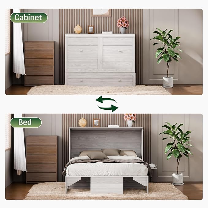 Softa Full Murphy Bed Cabinet with 4" Tri-Fold Mattress, Storage Drawer & Charging Station, 1200 Lb Heavy Duty Wood Wall Bed with Fold-Down Desk for Guest Room & Home Office, No Box Spring Needed