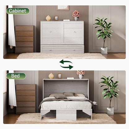 Softa Murphy Bed Full with Drawer, 1200Lb Support, Fold-Down Side Table & Charging Station, Mattress Storage Space, No Box Spring Needed, Space Saving Murphy Bed Cabinet for Guest Room & Home Office