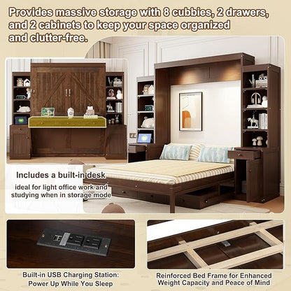 Merax Queen Size Murphy Bed with Desk and LED Lights, Power Outlet, Foldable Murphy Cabinet Bed with Open Storage Shelves & Drawers, Wood Space-Saving Hidden Wall Bed for Guest Room, Dark-Brown