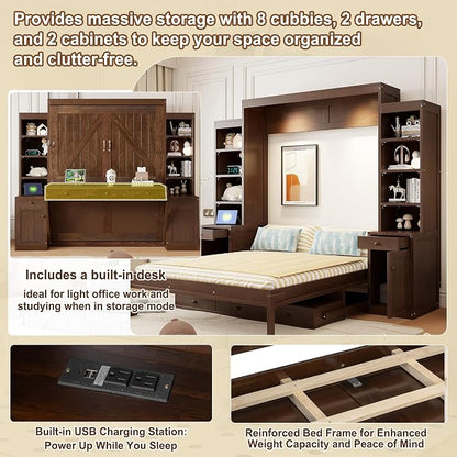Merax Murphy Bed with Desk, Storage Cabinets and Drawers, Wood Wall Bed with Shelves, Convert to Cabinet, Space-Saving, Queen Size, Dark Brown