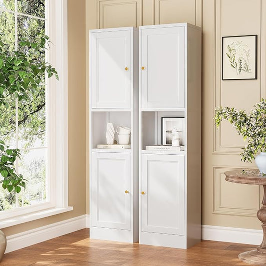 Tall Narrow Storage Cabinet,Metal Pantry Cabinet with Ajustable Shelves Open Countertop, Slim Sideboard for Small Spaces, Living Room, Kicthen, Dining Room, White