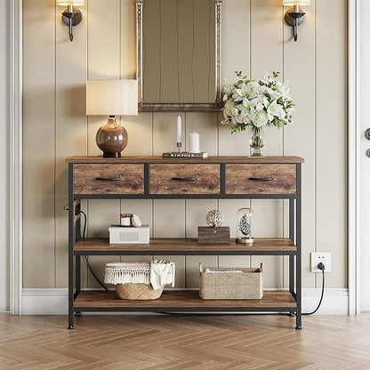 Lulive Entryway Table with Outlets, 3 Fabric Drawers, 43 in Console Table | 43.3"W x 11.8"D entry table with 2 outlets, 2 USB ports, swappable plug side, adjustable feet and anti-tip kit.