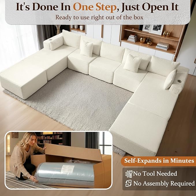 168" Cloud Sectional Couch, Comfort U Shaped Sofa for Living Room, Extra Deep Seats No Assembly, Minimalist Modular Couch, Corduroy (Cream, 9 Seats,U-Shape B)