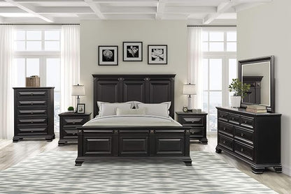 Roundhill Furniture Renova Vintage Black Wood Bedroom Set, King Panel Bed, Dresser, Mirror, Two Nightstands, Chest