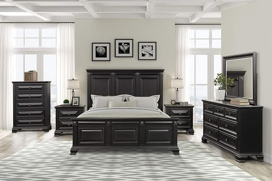 Roundhill Furniture Renova Vintage Black Wood Bedroom Set, King Panel Bed, Dresser, Mirror, Two Nightstands, Chest