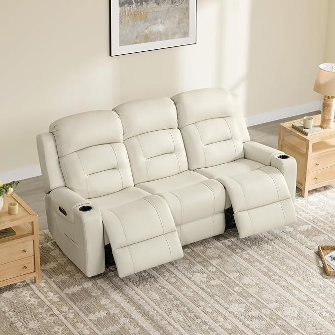 Watson & Whitely Genuine Leather Power Reclining Sofa, 3-Seater Lay Flat Recliner Sofa with Power Headrest, Cup Holders, USB & Type-C Ports, Electric Reclining Couch for Living Room, Cream