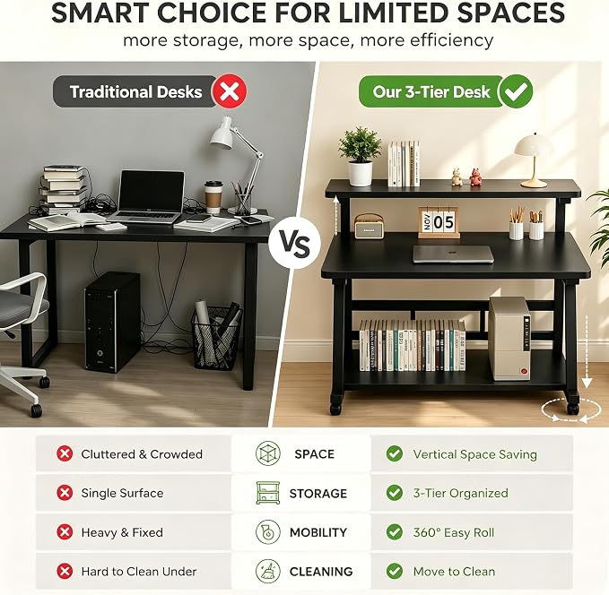 47.2 Inch Compact Rolling Computer Desk with Tier Worktable & Lockable Wheels, Small Computer Desk, Small Desk for Bedroom, Mobile Writing Workstation Easy Assembly for Home Office Small Spaces