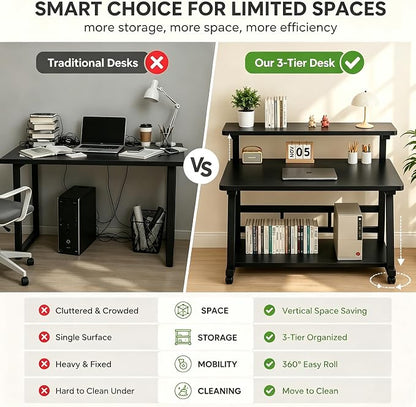 31.5 Inch Compact Rolling Computer Desk with Tier Worktable & Lockable Wheels, Small Computer Desk, Small Desk for Bedroom, Mobile Writing Workstation Easy Assembly for Home Office Small Spaces
