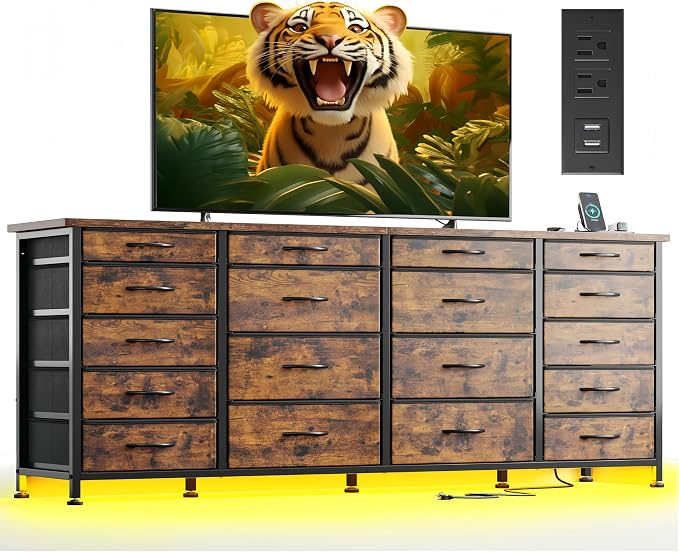 EnHomee 63" W TV Stand for 75" TV, 18 Drawers with LED & Charging, Brown | Long Dresser for 65"-75" TV, Deep Drawer, Spacious Storage, Drawers Glide, No Wobbling, Anti-tip, Easy Assembly, Wipes Clean