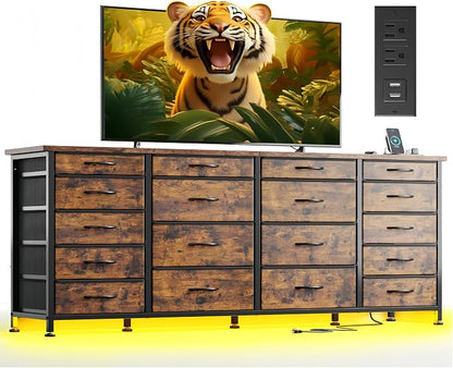 EnHomee 63" W TV Stand for 75" TV, 18 Drawers with LED & Charging, Brown | Long Dresser for 65"-75" TV, Deep Drawer, Spacious Storage, Drawers Glide, No Wobbling, Anti-tip, Easy Assembly, Wipes Clean