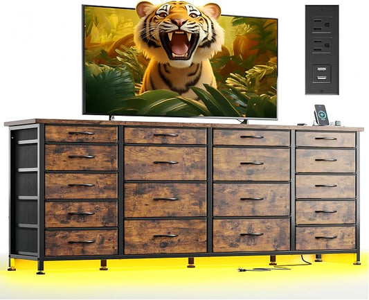 EnHomee 63" W TV Stand for 75" TV, 18 Drawers with LED & Charging, Brown | Long Dresser for 65"-75" TV, Deep Drawer, Spacious Storage, Drawers Glide, No Wobbling, Anti-tip, Easy Assembly, Wipes Clean