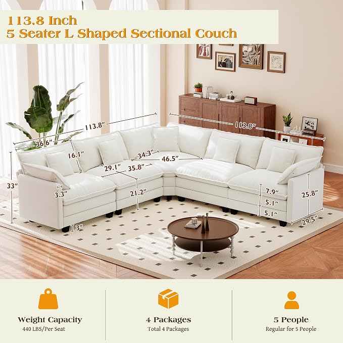 113.8" Modular Sectional Sofa,Cloud Couch for Living Room,Modern Deep Seat Sofa 5 Seater Chenille Fabric Comfy L Shaped Couches with Throw Pillows for Apartment