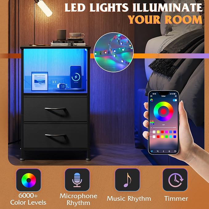 WLIVE LED Night Stand with Charging Station, Black Nightstand with 2 Fabric Drawers and Storage Shelf, Dorm Bedside Table End Table with 2 USB Ports and Outlets, Small Dresser for Bedroom