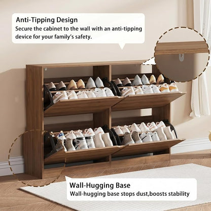 Shoe Storage Cabinet, Wood Shoe Organizer for Entryway with 3 Flip Drawers, Freestanding Shoe Rack with Adjustable Shelf, Narrow Shoe Dresser for Front Door Entrance (Walnut, Standard 4 Drawers)