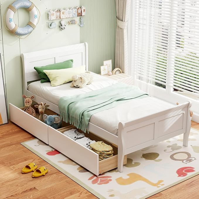 Giantex Twin Bed with 2 Storage Drawers, Wood Platform Bed with Headboard & Footboard, Wooden Slats Support Mattress Foundation, Twin Bed Frames for Kids Teens Adults, No Box Spring Needed (White)