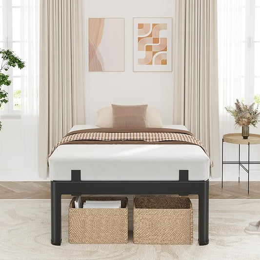 18 Inch Twin Bed Frames, Reinforced Heavy Duty Metal Bed Frame Twin Size, 4000LBS Rounded Corner & No-Slip Mattress Grip, Squeak-Free Platform Bed Frame with Headboard Holes Easy Assembly