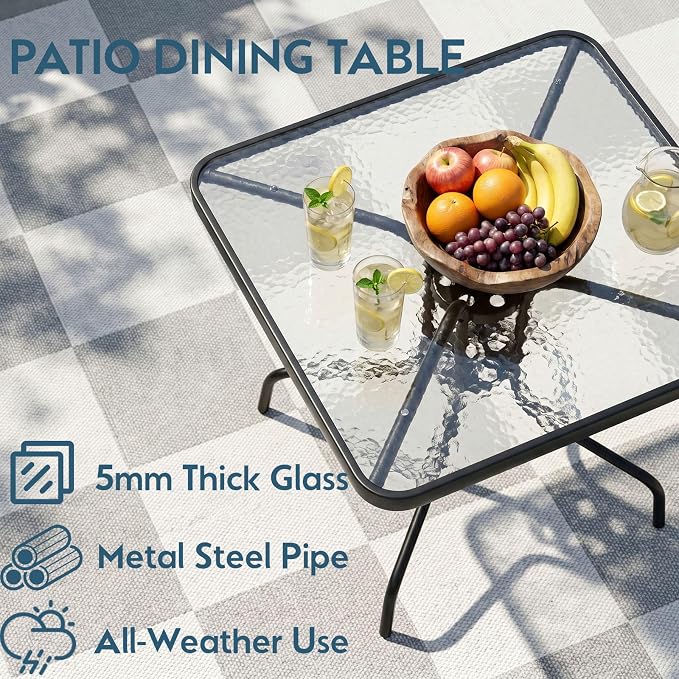 Arlopu 5 Piece Outdoor Patio Dining Set (Umbrella not Included), Porch Furniture with 4 Textline Chairs, 1 Square Glass Table for Garden, Backyard and Poolside, Lawn (Grey)