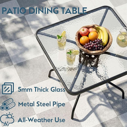 Arlopu 5 Piece Outdoor Patio Dining Set (Umbrella not Included), Porch Furniture with 4 Textline Chairs, 1 Square Glass Table for Garden, Backyard and Poolside, Lawn (Grey)