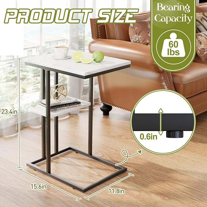 Easy Paws C Shaped End Table,Small Side Table for Couch and Bed, Gold Snack Couch Table for Small Spaces, Living Room, Bedroom,Bedside (White Marble)