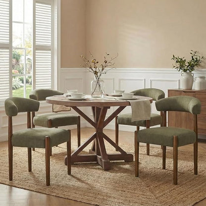 VKNOW Wooden Dining Chairs Set of 4, Modern Upholstered Dining Room Chairs with Walnut Wood Legs and Curved Backrest, Fabric Kitchen Chairs for Farmhouse/Living Room/Dining Room, Green