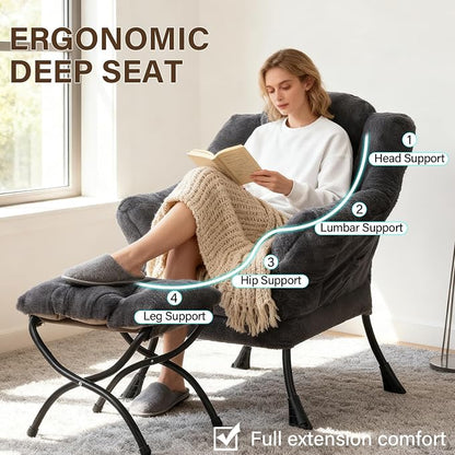 Welnow Lazy Chair with Ottoman, Modern Accent Chair with Armrests and a Side Pocket, Leisure Sofa Armchair, Reading Armchair with Footrest for Small Space, Plush Navy